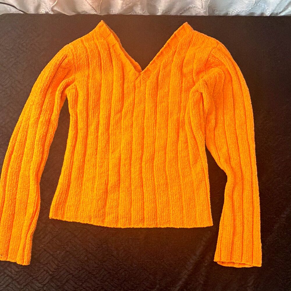 No Boundaries Orange Ribbed-Knit V-Neck Long Sleeve Pullover Sweater Size L